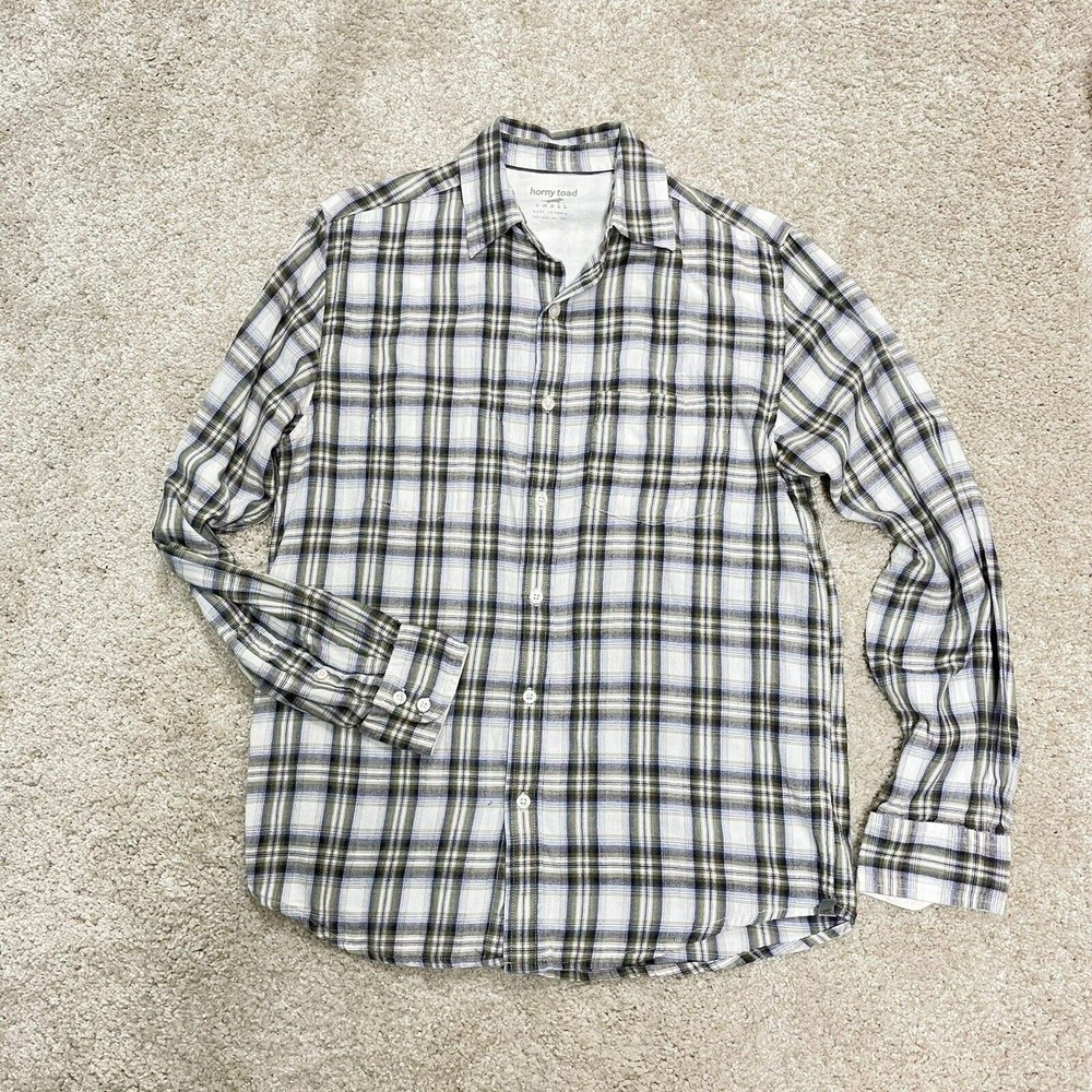 Horny Toad Tan Gray White Plaid Gathered Back Flannel Shirt Size S
